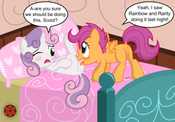 Size: 3682x2584 | Tagged: explicit, artist:sasukex125, scootaloo, sweetie belle, anus, bed, blushing, cunnilingus, female, filly, foal, foalcon, g4, high res, imported from derpibooru, lesbian, nudity, on back, one eye closed, oral, pillow, ship:raridash, ship:scootabelle, shipping, vagina, vaginal secretions