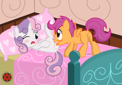 Size: 3682x2584 | Tagged: explicit, artist:sasukex125, scootaloo, sweetie belle, anus, bed, blushing, cunnilingus, female, filly, foal, foalcon, g4, high res, horn, imported from derpibooru, lesbian, nudity, on back, one eye closed, oral, pegasus, pillow, pony, ship:scootabelle, shipping, show accurate, show accurate porn, unicorn, vagina, vaginal secretions