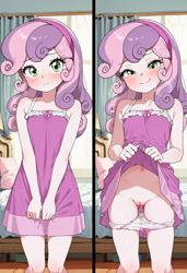 Size: 832x1216 | Tagged: explicit, sweetie belle, 2 panel comic, ai generated, bed, bedroom, belly button, bottomless, breasts, butt, child, clitoris, clothes, comic, cute, cute porn, dress, dress lift, equestria girls, equestria girls-ified, female, flashing, flashing pussy, human, humanized, imported from twibooru, lifting, lolicon, nipples, no panties, novelai, nudity, offscreen character, panels, partial nudity, pov, presenting, prompter:doomguy397, small breasts, smiling, solo, solo female, stable diffusion, underage, vaginal secretions, vulva