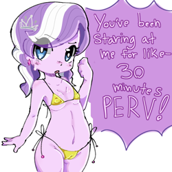 Size: 2000x2000 | Tagged: questionable, artist:friskies, diamond tiara, bikini, blue eyes, breasts, cameltoe, clothes, delicious flat chest, dialogue, ear piercing, earring, equestria girls, erect nipples, female, gold bikini, hair ornament, imported from twibooru, jewelry, lolicon, piercing, pouting, side-tie bikini, swimsuit, underage