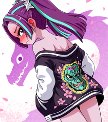 Size: 1024x1152 | Tagged: suggestive, aria blaze, /jdb/, ai generated, blushing, embarrassed, equestria girls, female, from behind, imported from twibooru, lolicon, looking back, nudity, petals, prompter:hashi, simple background, solo, sukajan, underage, white background