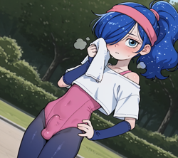Size: 1152x1024 | Tagged: explicit, princess luna, ai generated, arm warmers, blushing, clothes, erection, erection under clothing, femboy, hair over one eye, hand on hip, heavy breathing, human, imported from twibooru, leotard, looking at you, male, nudity, pantyhose, park, penis, ponytail, prince artemis, prompter:hashi, rule 63, short shirt, shotacon, solo, sweat, towel, trap, underage