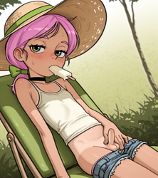 Size: 1024x1152 | Tagged: explicit, ai generated, blushing, choker, clothes, denim shorts, erection, food, foreskin, g5, hat, human, human penis, humanized, imported from twibooru, lidded eyes, looking at you, male, nudity, outdoors, panties, panties pulled down, pants, pants down, penis, peony blossom, popsicle, posey bloom, prompter:hashi, rule 63, shorts, shotacon, sitting, small penis, solo, sun hat, sweat, tan lines, tanktop, trap, underage, underwear