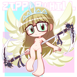 Size: 1000x1000 | Tagged: explicit, artist:ikkyuu, barefoot, breasts, cutie mark on human, feet, female, glasses, green eyes, human, humanized, imported from twibooru, lolicon, multiple wings, nipples, nudity, scythe, toes, underage, vulva, weapon, wings, zippoorwhill