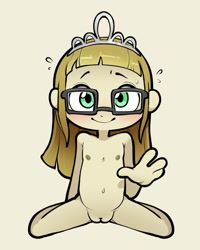 Size: 700x875 | Tagged: explicit, artist:itsunknownanon, belly button, breasts, delicious flat chest, equestria girls, female, glasses, green eyes, imported from twibooru, jewelry, kneeling, lolicon, nipples, nudity, simple background, tiara, underage, vulva, zippoorwhill