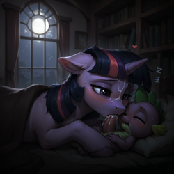 Size: 2096x2096 | Tagged: explicit, spike, twilight sparkle, ai generated, blowjob, cum, dragon, facial, foalcon, imported from twibooru, male, molestation, oral, penis, pony, prompter:venisoncreampie, sex, shotacon, sleep molestation, sleeping, underage, unicorn