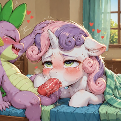 Size: 1024x1024 | Tagged: explicit, spike, sweetie belle, series:spike's sneaky snuggles, series:spike's sneaky snuggles ~ sweetie belle, ai generated, blowjob, blushing, colt, colt on filly, crying, dragon, female, filly, foal, foalcon, imported from twibooru, male, oral, penis, pony, prompter:venisoncreampie, sex, shotacon, straight, underage, unicorn