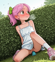 Size: 1024x1152 | Tagged: explicit, ai generated, anal, blushing, bow, child, clothes, dildo, dress, embarrassed, erection under clothing, exhibitionism, g5, hair bow, heavy breathing, hedge, hiding, human, human child, humanized, imported from twibooru, looking sideways, male, nervous, pedophilia, penetration, peony blossom, posey bloom, precum stain, prompter:hashi, public masturbation, rule 63, sex, sex toy, shoes, shotacon, sitting, sneakers, solo, sundress, trap, underage
