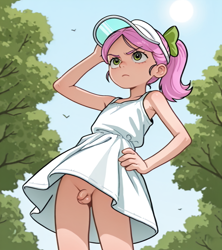 Size: 1024x1152 | Tagged: explicit, ai generated, clothes, crossdressing, dress, foreskin, g5, hand on head, hand on hip, human, human penis, humanized, imported from twibooru, male, no underwear, nudity, outdoors, penis, peony blossom, posey bloom, prompter:hashi, rule 63, shotacon, small penis, solo, stern, sundress, trap, underage, visor