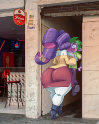 Size: 812x1021 | Tagged: suggestive, artist:bigdad, rarity, spike, a chance encounter, alley, art meme, bare shoulders, big breasts, blushing, breasts, busty rarity, butt, carrying, clothes, duo, duo male and female, elf ears, female, g4, huge butt, human, human spike, humanized, imported from twibooru, large butt, male, manlet, older, older spike, pinpoint eyes, pony coloring, real life background, rearity, shipping, shotacon, size difference, skirt, sparity, straight, the ass was fat, thighs, thunder thighs, underage, wide hips