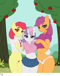 Size: 2160x2760 | Tagged: explicit, artist:littleinpink, apple bloom, scootaloo, sweetie belle, anthro, apple, background, belly, belly button, big breasts, bottomless, breasts, clothes, cutie mark crusaders, digital art, exhibitionism, female, food, g4, genitals, grass, imported from twibooru, lolicon, microskirt, midriff, nudity, panties, partial nudity, pubic hair, public nudity, school uniform, skirt, tree, trio, trio female, underage, underwear, uniform, vulva