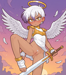 Size: 1024x1152 | Tagged: explicit, ai generated, angel, angel wings, anklet, armor, blushing, bottomless, bracelet, clothes, ear piercing, earring, female, foot wraps, gilda, halo, hand wraps, human, humanized, imported from twibooru, jewelry, lolicon, looking at you, nudity, partial nudity, piercing, prompter:hashi, pubic hair, solo, sunset, sword, teenager, tomboy, underage, vulva, weapon, wings