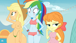 Size: 3410x1920 | Tagged: questionable, applejack, rainbow dash, applejack's hat, areola, big breasts, bikini, bikini bottom, bottom heavy, breast edit, breasts, busty applejack, cleavage, clothed female nude female, clothes, cowboy hat, edit, edited screencap, equestria girls, equestria girls specials, female, g4, hat, hoodie, human, imported from twibooru, impossibly large thighs, lidded eyes, lolicon, looking down, looking sideways, megan williams, my little pony equestria girls: better together, my little pony equestria girls: rollercoaster of friendship, nipples, nudity, one-piece swimsuit, partial nudity, screencap, shrunken pupils, swimsuit, thighs, thunder thighs, topless, trio, trio female, two-piece swimsuit, underage, wide hips