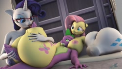 Size: 2048x1152 | Tagged: explicit, artist:woobaloo, fluttershy, rarity, spike, 3d, anthro, breasts, disassembly fetish, female, flutterspike, imported from twibooru, male, nipples, nudity, penis, sex, shipping, shotacon, sparity, straight, straight shota, underage