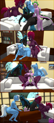 Size: 1920x4320 | Tagged: explicit, artist:gorilka, queen chrysalis, spike, tempest shadow, comic:reformed villains, 3d, anthro, breasts, butt, changeling, changeling queen, dragon, female, g4, group sex, horn, imported from twibooru, male, nipples, nudity, penis, sex, shotacon, source filmmaker, straight, straight shota, trixie, underage, unicorn, vulva, wings