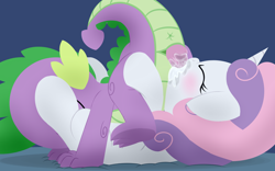 Size: 3000x1875 | Tagged: explicit, artist:dtcx97, spike, sweetie belle, 69 position, anus, baby dragon on filly, blowjob, blushing, cum, cum in mouth, cunnilingus, dragon, dragon on pony action, female, foalcon, g4, imported from derpibooru, interspecies, male, nudity, oral, penis, pony, sex, ship:spikebelle, shipping, straight