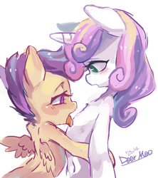 Size: 800x900 | Tagged: questionable, artist:deer meo, scootaloo, sweetie belle, belly button, blushing, female, filly, foal, foalcon, g4, imported from derpibooru, lesbian, licking, pegasus, pixiv, pony, ship:scootabelle, shipping, simple background, tongue out, unicorn, white background