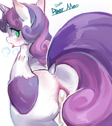 Size: 800x900 | Tagged: explicit, artist:deer meo, sweetie belle, anus, butt, creampie, cum, dock, female, foalcon, g4, implied straight, imported from derpibooru, leaking cum, nudity, open mouth, plot, pony, raised tail, simple background, solo, solo female, spreading, tail, tongue out, unicorn, unshorn fetlocks, white background