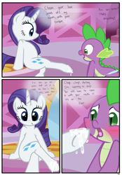 Size: 1741x2500 | Tagged: explicit, artist:pyruvate, rarity, spike, comic:dragon queen, age difference, blushing, comic, cum, dominatrix, dragon, duo, duo male and female, female, femboy, femboy spike, femdom, foalcon, g4, hoof fetish, horn, imported from derpibooru, male, malesub, pony, raridom, ship:sparity, shipping, spikesub, straight, straight shota, submissive, unicorn, wingless spike