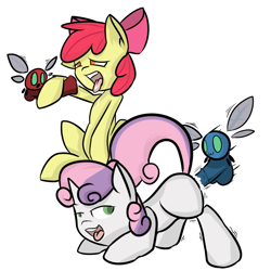Size: 900x900 | Tagged: explicit, artist:dottieverse, apple bloom, sweetie belle, balls, bestiality, creampie, cum, cum in mouth, facial, female, foalcon, g4, imported from derpibooru, interspecies, male, nudity, open mouth, oral, parasprite, penetration, penis, pornasprite, raised tail, sex, straight, tail, tongue out, trembling