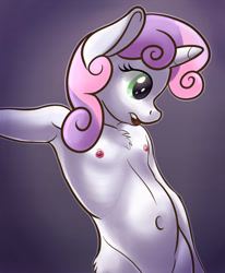Size: 1054x1280 | Tagged: questionable, artist:eggonaught, sweetie belle, anthro, armpits, belly button, breasts, chest fluff, cute, delicious flat chest, female, flatie belle, foalcon, g4, imported from derpibooru, nipples, nudity, solo, solo female, unicorn