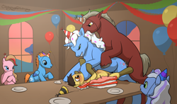 Size: 2500x1466 | Tagged: explicit, grimdark, artist:clippypony, oc, oc:clippy, oc:risky lottery, abdominal bulge, abuse, balloon, birthday, birthday cake, birthday party, birthday rape, birthday sex, breathplay, cake, candle, choking, colt, creampie, crying, cum, earth pony, eyelashes, female, filly, foal, foalcon, futa, futa oc, futa on female, futa on filly, group sex, imported from derpibooru, intersex, lucky pierre, male, male on futa, no eyelashes, nudity, oc only, party, pegasus, penetration, penis, pony, rape, sandwich position, sex, stallion, strangling, threesome, unicorn, vaginal, vaginal creampie