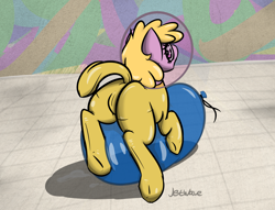 Size: 3855x2941 | Tagged: questionable, artist:jetwave, oc, oc:puppysmiles, balloon, balloon fetish, cameltoe, earth pony, fallout equestria, fallout equestria: pink eyes, fanfic, fanfic art, female, filly, foal, foalcon, hazmat suit, high res, hooves, imported from derpibooru, looking back, oc only, party balloon, pony, solo, solo female