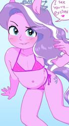 Size: 815x1488 | Tagged: questionable, artist:hoshime, diamond tiara, belly button, bikini, blue eyes, cameltoe, clothes, cutie mark on human, dialogue, eared humanization, equestria girls, female, human, humanized, imported from twibooru, jewelry, kemonomimi, lolicon, mesugaki, pink skin, solo, solo female, swimsuit, tailed humanization, tiara, two toned hair, underage