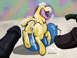 Size: 3855x2941 | Tagged: explicit, artist:jetwave, oc, oc:puppysmiles, balloon, balloon fetish, bukkake, cameltoe, cum, cum on balloon, cum on body, cum on butt, cum on legs, earth pony, fallout equestria, fallout equestria: pink eyes, fanfic, fanfic art, female, female focus, fetish, filly, foal, foalcon, hazmat suit, high res, hooves, horsecock, imported from derpibooru, looking back, nudity, oc only, party balloon, penis, pony, solo focus