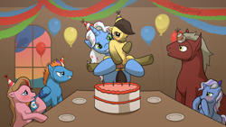 Size: 2500x1407 | Tagged: explicit, artist:clippypony, oc, oc:clippy, oc:risky lottery, assisted exposure, balloon, blushing, cake, clitoris, crying, embarrassed, exposed, filly, foal, foalcon, hat, humiliation, imported from derpibooru, nudity, oc only, party hat, pegasus, pony, spreading, unicorn, vagina, vulva