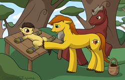 Size: 2500x1611 | Tagged: explicit, semi-grimdark, artist:clippypony, oc, oc:clippy, oc:risky lottery, oc:winged heart, age difference, bad touch, balls, blushing, bondage, bondage furniture, bound, clitoris, female, filly, foal, foalcon, hoofing, imported from derpibooru, male, molestation, nudity, oc only, penis, pony, restrained, sheath, stallion, stallion on filly, straight, strawberry, tree, unicorn, unshorn fetlocks, vaginal hoofing, vulva