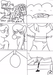 Size: 2480x3508 | Tagged: questionable, artist:jbond, diamond tiara, silver spoon, comic:applebuck, bed, big macintosh, comic, dialogue, diaper, diaper fetish, earth pony, enema, female, filly, foal, foalcon, g4, high res, imported from derpibooru, male, monochrome, non-baby in diaper, on bed, part of a set, pony, poop, sketch, speech bubble, stallion, text, trapped