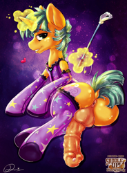 Size: 1783x2416 | Tagged: explicit, artist:dimwitdog, anus, balls, big penis, butt, clothes, colt, crossdressing, femboy, foal, foalcon, g4, horsecock, imported from derpibooru, legwear, male, nudity, penis, plot, pony, presenting, riding crop, saddle up!, snails, solo, solo male, stockings, thigh highs, unicorn