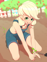 Size: 3000x4000 | Tagged: questionable, artist:rockset, applejack, accidental exposure, braless, child, clothes, cute, eyebrows, eyebrows visible through hair, eyelashes, female, freckles, g4, human, human coloration, humanized, imported from twibooru, jackabetes, kneeling, light skin, lolicon, naked overalls, nipple slip, nipples, no underwear, nudity, open mouth, overalls, pigtails, planting, shirt, shoes, solo, species swap, sweet apple acres, underage, wardrobe malfunction, younger