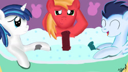 Size: 1280x720 | Tagged: explicit, artist:jbond, shining armor, bath, bathroom, big macintosh, casual boner, colt, colt big macintosh, colt shining armor, disappointed, earth pony, erection, eyes closed, foal, foalcon, frown, g4, gay, imported from derpibooru, male, nudity, open mouth, pegasus, penis, penis size difference, pony, sad, sausage fest, signature, size comparison, smiling, smirk, soarin', stallion, trio, unicorn, younger