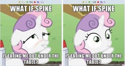 Size: 509x268 | Tagged: questionable, spike, sweetie belle, edit, edited screencap, exploitable meme, fail, female, filly, foal, foalcon, g4, image macro, imported from derpibooru, juxtaposition, meme, my little pony: friendship is magic, pony, ponyville confidential, screencap, sudden clarity sweetie belle
