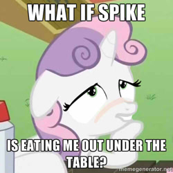 Size: 500x500 | Tagged: suggestive, spike, sweetie belle, blushing, edit, edited screencap, exploitable meme, female, filly, foal, foalcon, g4, horn, image macro, implied cunnilingus, implied oral, implied sex, imported from derpibooru, lip bite, male, meme, my little pony: friendship is magic, pony, ponyville confidential, screencap, ship:spikebelle, shipping, solo, straight, sudden clarity sweetie belle, unicorn