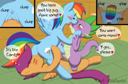 Size: 1200x791 | Tagged: explicit, artist:caluriri, rainbow dash, scootaloo, spike, anal insertion, anus, bisexual, blushing, butt, candy vag, clothes, cunnilingus, facesitting, female, ffm threesome, foalcon, french kiss, g4, group sex, heart, imported from derpibooru, insertion, interspecies, kissing, lesbian, male, mare on filly, nudity, oral, panties, pegging, penis, plot, ponut, pony, pony on pony action, sex, sex toy, ship:rainbowspike, ship:scootadash, shipping, snowballing, straight, strapon, taste the rainbow, threesome, trio, underwear, vagina, vulva