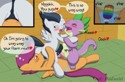 Size: 1200x791 | Tagged: explicit, artist:caluriri, scootaloo, spike, anal insertion, anal orgasm, anus, ball sucking, balls, balls fetish, bisexual, bisexual male, blushing, colt, colt on filly, dialogue, dragon, english, facesitting, female, female on male, filly, filly on colt, foal, foalcon, frottage, g4, gay, gay in front of girls, genitals, group sex, horsecock, imported from derpibooru, insertion, lying down, male, male facesitting, nudity, on back, oral, orgasm, pegasus, pegging, penetration, penis, plap, ponut, pony, pony on dragon action, pony on pony action, reverse foalcon, rumble, sex, ship:rumblespike, ship:rumbloo, ship:scootaspike, straight, threesome