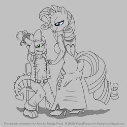 Size: 1000x1000 | Tagged: questionable, artist:smudge proof, rarity, spike, anthro, ass, bedroom eyes, bondage, breasts, butt, chair, clothes, commission, dragon, dress, female, femdom, foalcon, g4, grin, high heels, imported from derpibooru, male, monochrome, nipples, nudity, open clothes, ship:sparity, shipping, sitting, smiling, straight, straight shota, teasing, tied up
