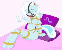 Size: 4000x3224 | Tagged: questionable, artist:greaterlimit, artist:ryuseihikari, oc, oc:snowdrop, alternate version, anthro, anthro oc, ballgag, bed, blind, bondage, bound wings, breast bondage, breasts, collar, crying, delicious flat chest, drool, ear fluff, ear plugs, female, fluffy, foalcon, gag, imported from derpibooru, nipples, nudity, oc only, pillow, pomf, rope, rope bondage, sensory deprivation, shibari, solo, solo female, tape, we are going to hell, wiffle ballgag