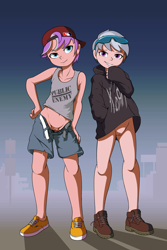 Size: 3200x4800 | Tagged: explicit, artist:darkdoomer, diamond tiara, silver spoon, '90s, alternate version, androgynous, backwards ballcap, backwards cap, baseball cap, bottomless, cap, cleft of venus, clothes, female, hat, hoodie, human, human coloration, humanized, imported from twibooru, labia, lolicon, no panties, nu metal, nudity, partial nudity, shorts, shorts pulled down, street, sweater, tomboy, underage, vulva