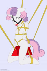 Size: 2400x3600 | Tagged: explicit, grimdark, artist:greaterlimit, artist:ryuseihikari, sweetie belle, anthro, ballgag, blushing, bondage, bondage furniture, breast bondage, breasts, crotch rope, crying, drool, female, foalcon, g4, gag, harness, high res, horn, horn ring, imported from derpibooru, judas cradle, magic suppression, nipples, nudity, rope, ropes, solo, solo female, suspended, vaginal secretions, wooden horse