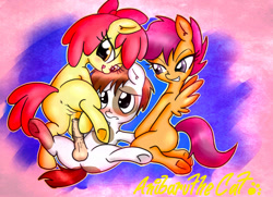 Size: 1753x1272 | Tagged: explicit, artist:anibaruthecat, apple bloom, scootaloo, cowgirl position, earth pony, female, foalcon, g4, group sex, human vulva, human vulva on pony, imminent sex, imported from derpibooru, male, nudity, pipsqueak, pony, sex, straight, threesome, underhoof, vulva, wingboner