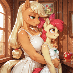 Size: 2048x2048 | Tagged: suggestive, apple bloom, applejack, ai content, ai generated, anthro, apple, apple sisters, big breasts, breasts, chest fluff, duo, duo female, erect nipples, female, food, g4, hug, imported from twibooru, indoors, lolicon, nipple outline, prompter:nenvul, siblings, side view, sisters, small breasts, standing, tail, underage, white dress