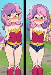 Size: 832x1216 | Tagged: explicit, sweetie belle, ai generated, belly button, breasts, butt, child, clitoris, clothes, costume, cute, cute porn, equestria girls, equestria girls-ified, female, flashing, flashing pussy, human, humanized, imported from twibooru, lolicon, nipples, novelai, nude female, nudity, offscreen character, outfit, pov, presenting, prompter:doomguy397, small breasts, smiling, solo, solo female, spreading, stable diffusion, standing, underage, vaginal secretions, vulva, wonder woman