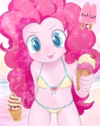 Size: 1629x2048 | Tagged: safe, artist:appleracker, pinkie pie, beach, bikini, bikini bottom, bikini top, clothes, cute, diapinkes, equestria girls, female, food, ice cream, imported from twibooru, lolicon, swimsuit, tongue out, two piece swimsuit, underage