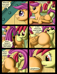 Size: 980x1268 | Tagged: explicit, artist:cobramcjingleballs, apple bloom, scootaloo, comic:cmc comic (comic:crazy mares), comic:crazy mares, anus, butt, comic, cunnilingus, female, filly, filly on filly, foal, foalcon, g4, imported from derpibooru, lesbian, nudity, oral, plot, ponut, pony, pony on pony action, ship:scootabloom, shipping, vagina, vulva