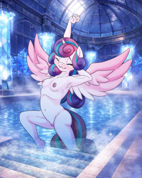 Size: 960x1200 | Tagged: explicit, artist:miniferu, princess flurry heart, anthro, bathhouse, breasts, feet, female, imported from twibooru, lolicon, nudity, plantigrade anthro, sauna, small breasts, underage, vagina