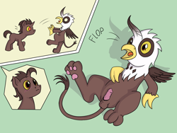 Size: 1600x1200 | Tagged: explicit, oc, oc:loki, oc:loki ebonhoof, artist needed, blushing, clone, flop, foalcon, griffon, imported from derpibooru, interspecies, male, males only, nudity, oc only, paw pads, penis, poki and goki, pony, pony on griffon action, selfcest